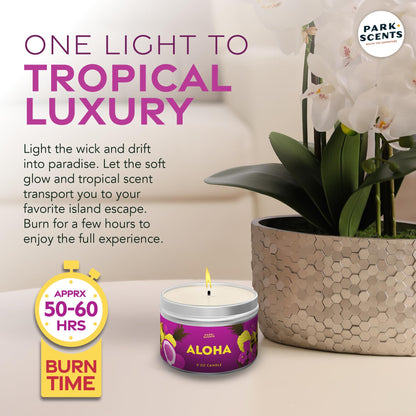 Park Scents Aloha Candle - Authentic Smell of The Hawaiian Aulani Resort Hotel Lobby - Soft Fruity Notes of Pineapple & Coconut - Handmade in The USA - Natural Soy Blend | 8 oz. Tin