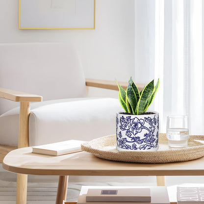 Set of 2 Blue and White Ceramic Plant Pots with Drainage Hole and Saucers, Retro Blue Porcelain Vase Round Planters for Succulent Cactus Indoor Outdoor Garden Home Desktop Decor, 4.5+5.5 Inch