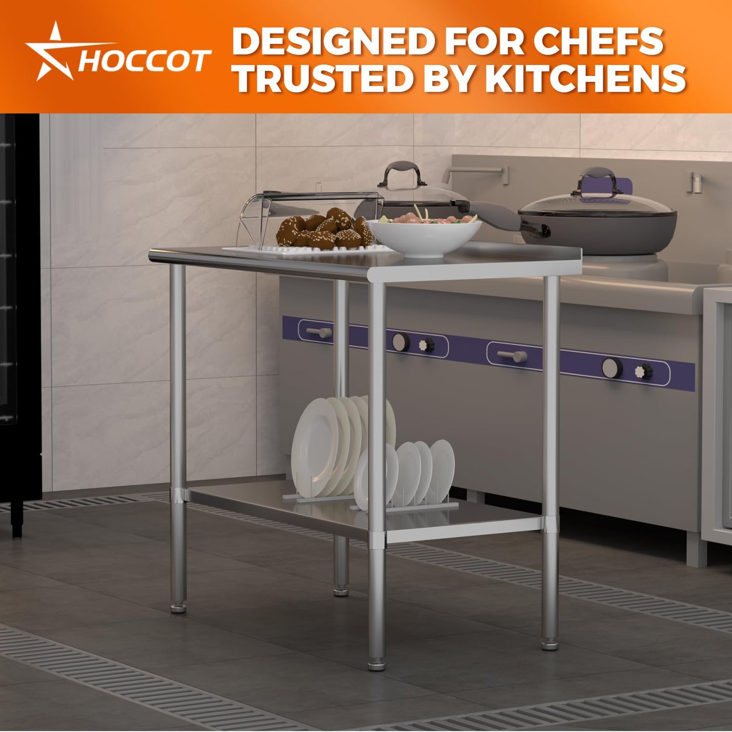 HOCCOT All Stainless Steel Work Table Heavy Duty Prep Table 24x48 Inch with Stainless Steel Undershelf Backsplash Replaceable Feet(Without Caster) Commercial Workstation for Restaurant Kitchen Outdoor