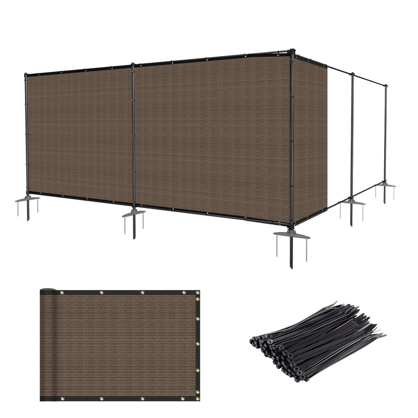 AwnPro 5' x 24' Outdoor Privacy Fence with Iron Poles Ground Spikes Dog Metal Garden Privacy Fence Backyard Patio Yard Barrier Boarder Divider (Brown)