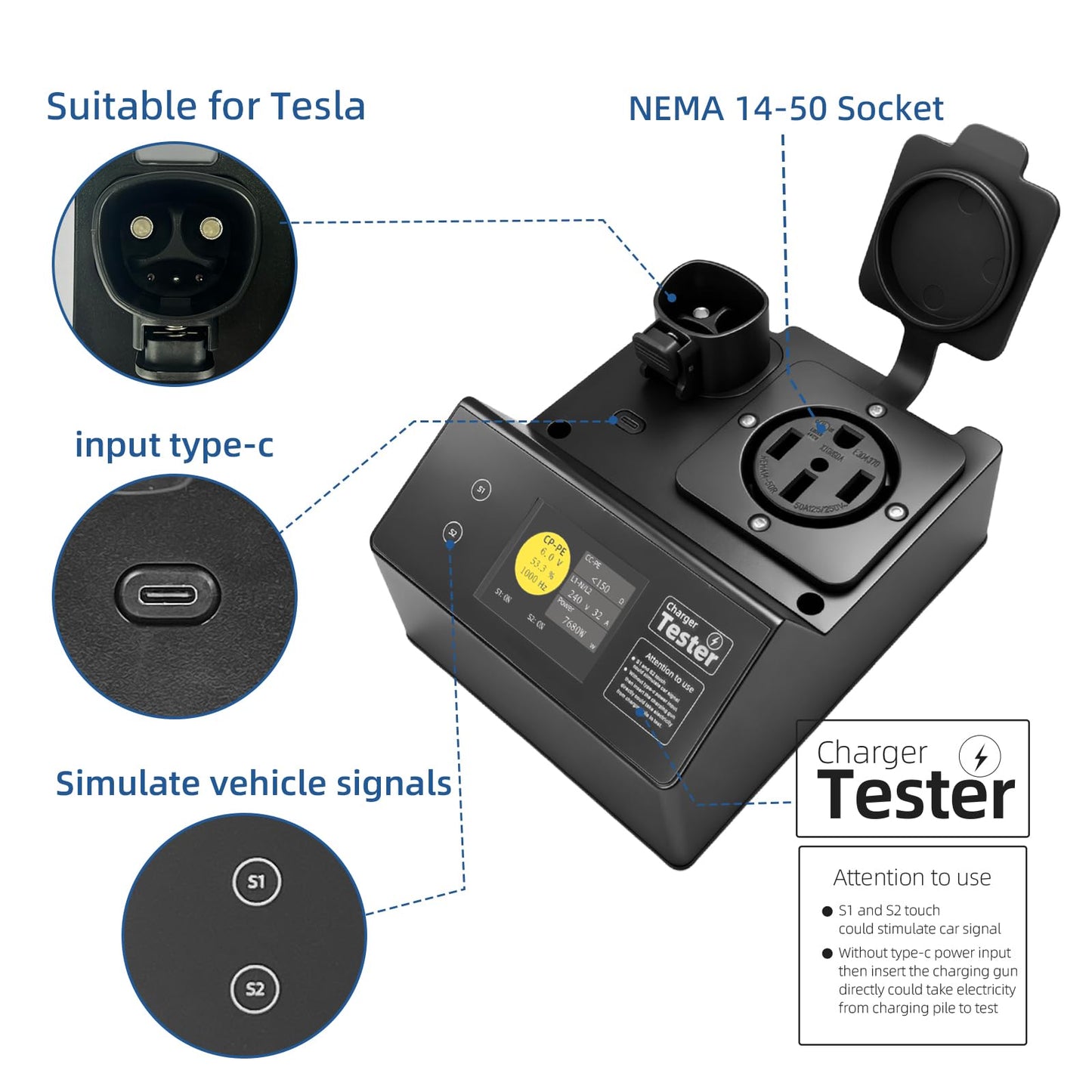 EVqiaoyi Portable Tester for Tesla Charger NACS Charging Station Test with Resistive Load & Vehicle Simulator for EVSE Installation and Testing (NEMA 14-50 Socket)