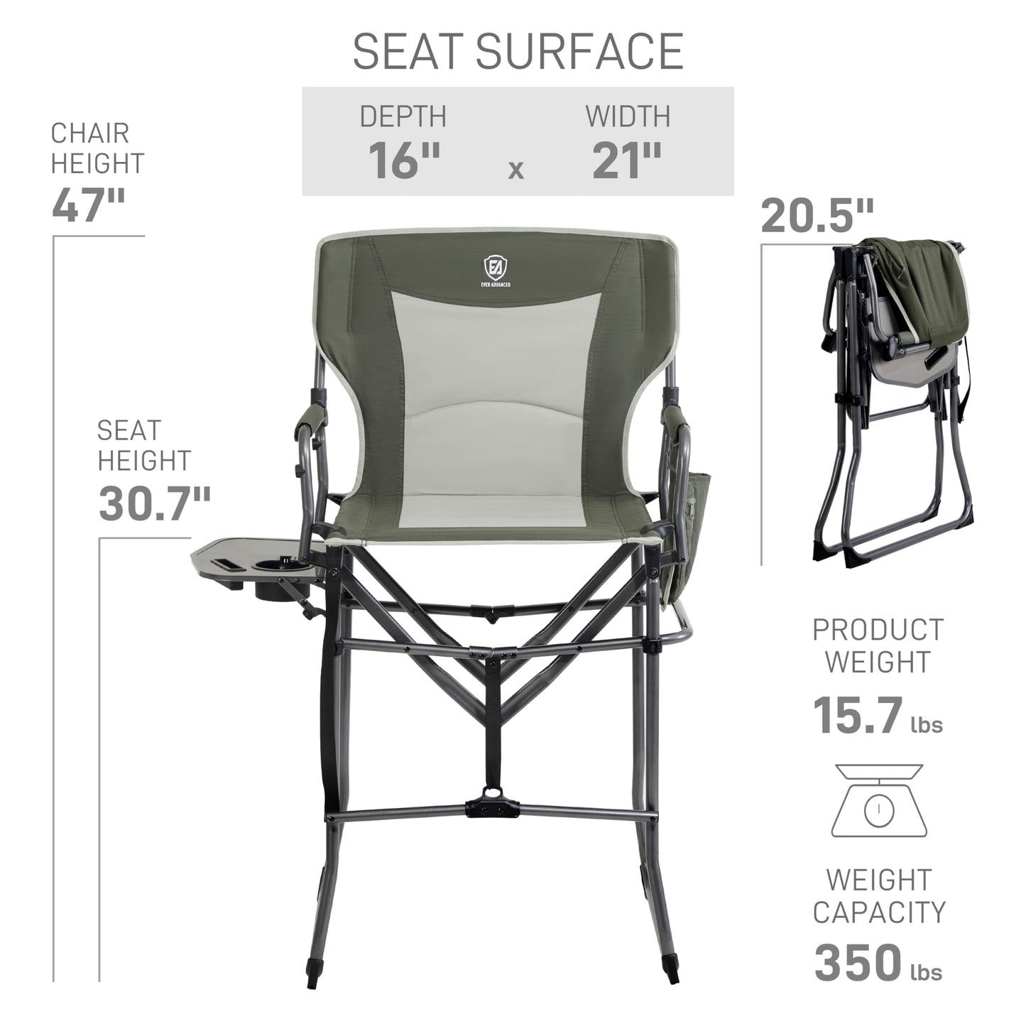EVER ADVANCED Portable 30.7" Seat Height Tall Folding Camping Chair Directors Chair High Foldable Bar Stool with Side Table for Makeup Artist, Sports Event, Craft Show, Supports 350LBS