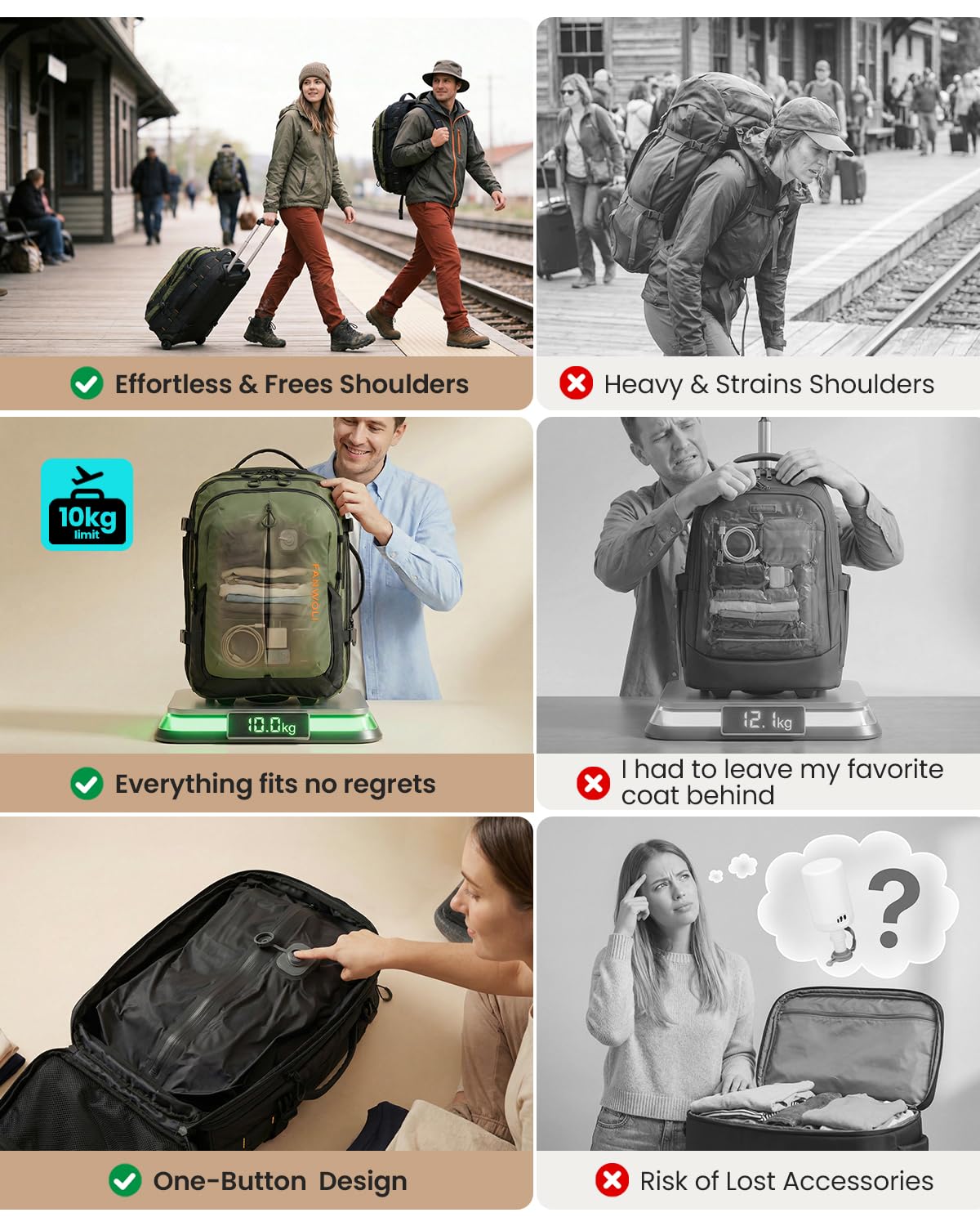Fanwoli Rolling Vacuum Backpack Travel with One-Button Compression, 55L Expandable, Water Resistant Carry-On Suitcase Luggage, Ideal for Outdoor/Family/Trips