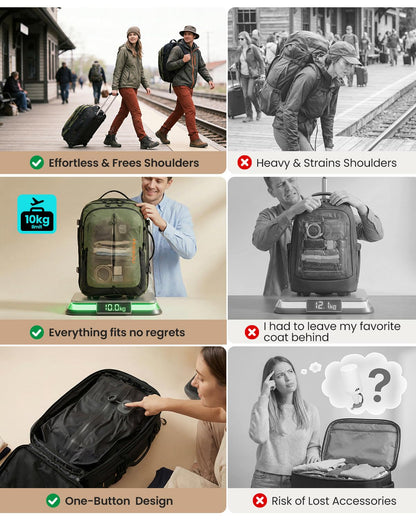 Fanwoli Rolling Vacuum Backpack Travel with One-Button Compression, 55L Expandable, Water Resistant Carry-On Suitcase Luggage, Ideal for Outdoor/Family/Trips