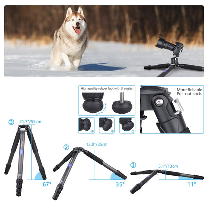 Compact Carbon Fiber Tripod – Heavy Duty 40mm Leg Tubes, Max Height 63.6in/162cm, Stable and Lightweight Travel Stand for DSLR, Video Cameras, Max Load 40kg, Portable for Photography Video Shooting