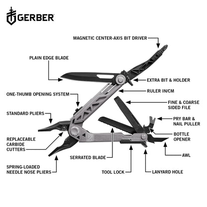 Gerber Gear Center-Drive - Bit Set & Berry-Compliant Sheath - 16-Piece Multipurpose Tool with Knife, Wire Cutters, Pry Bar, Bottle Opener & More - Silver, Black Sheath