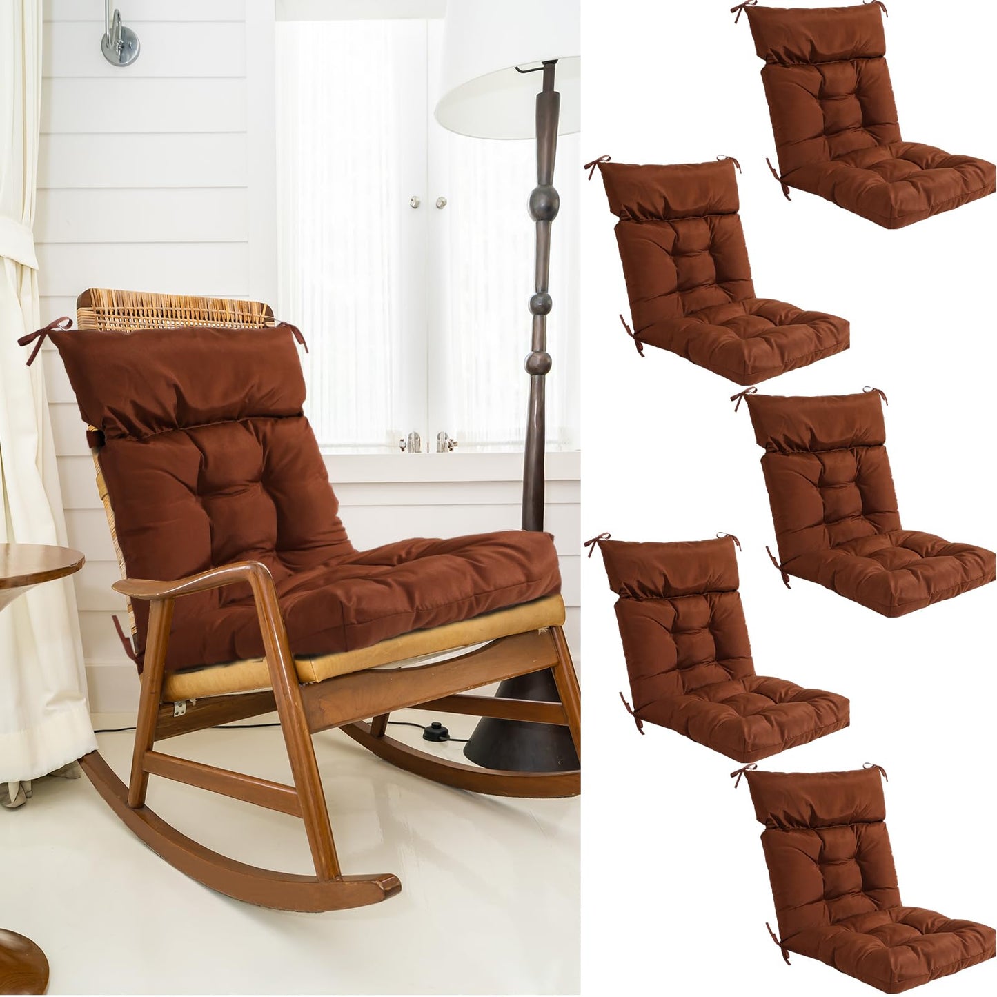 Suzile 6 Pack Outdoor High Back Chair Cushions Bulk, Waterproof Rocking Chair Cushion, Indoor Seat and Back Thickened Patio Pad for Indoor and Outdoor(Dark Brown)