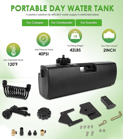 4.0 Gallon Pressurized Water Tank, Portable Camping Shower Water Storage with Spray Hose Bumper Mount or Bed Mount for Pick-up Trucks & Off-Road Vehicles Outdoor Activities Water Supply