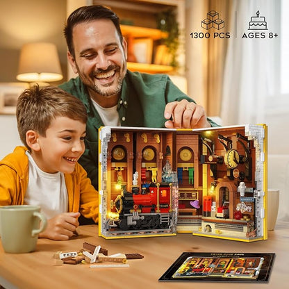 HOGOKIDS Magic Train Station Book Nook Building Set with Light 1300 PCS Booknook Building Toys for Bookshelf Home Decor DIY Miniature House Model Kit Gifts for Adults Boys Girls Age 10+