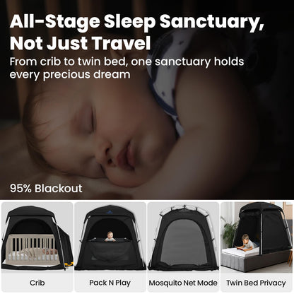 KNOCLOC Blackout Tent for Crib, Pack N Play, Toddler Travel Bed & Kids Cot, CPC Certified Baby Sleep Pod with Fan Pocket, 2 Mesh Doors, Breathable & Quiet Design, Easy Setup & Portable