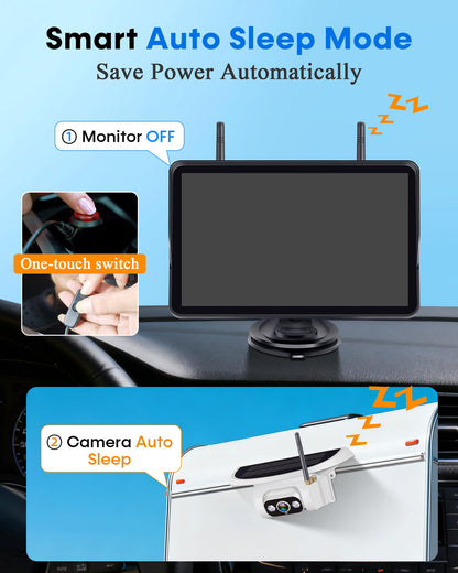 Pemacom Wireless Backup Camera for Towable-RV: 1-Second Magnetic No Wiring Long Distance Signal for Thor/Forest River Series RVs - 7.3" Recording Monitor HD 1080P Auto Sleep Solar RV Backup Camera