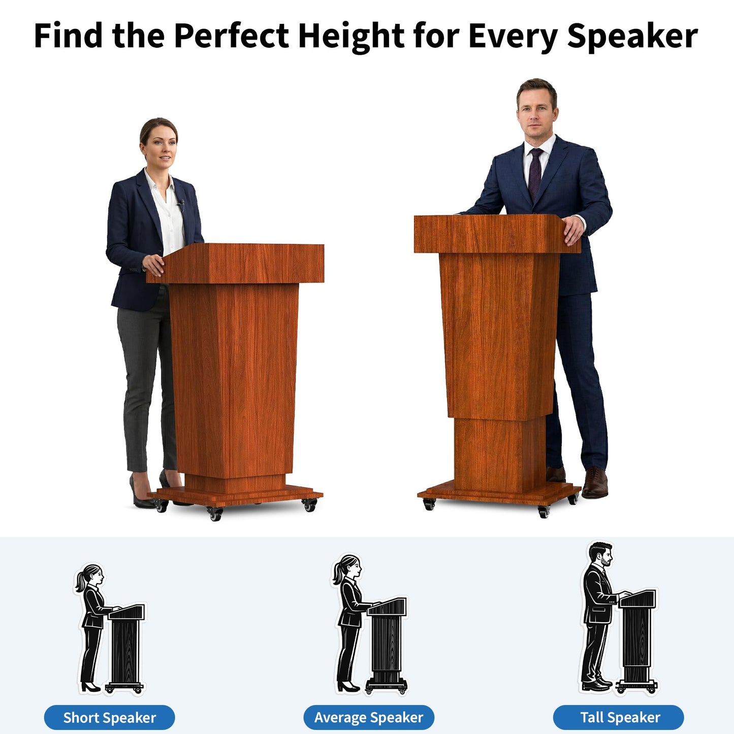 Tredre Wooden Podium Stand with Wheels, 41”–54.5” Height Adjustable Lectern, Mobile Podium with Crank Lift, Stable Base & Storage Shelf, Elegant Design for Churches, Classrooms and Conferences