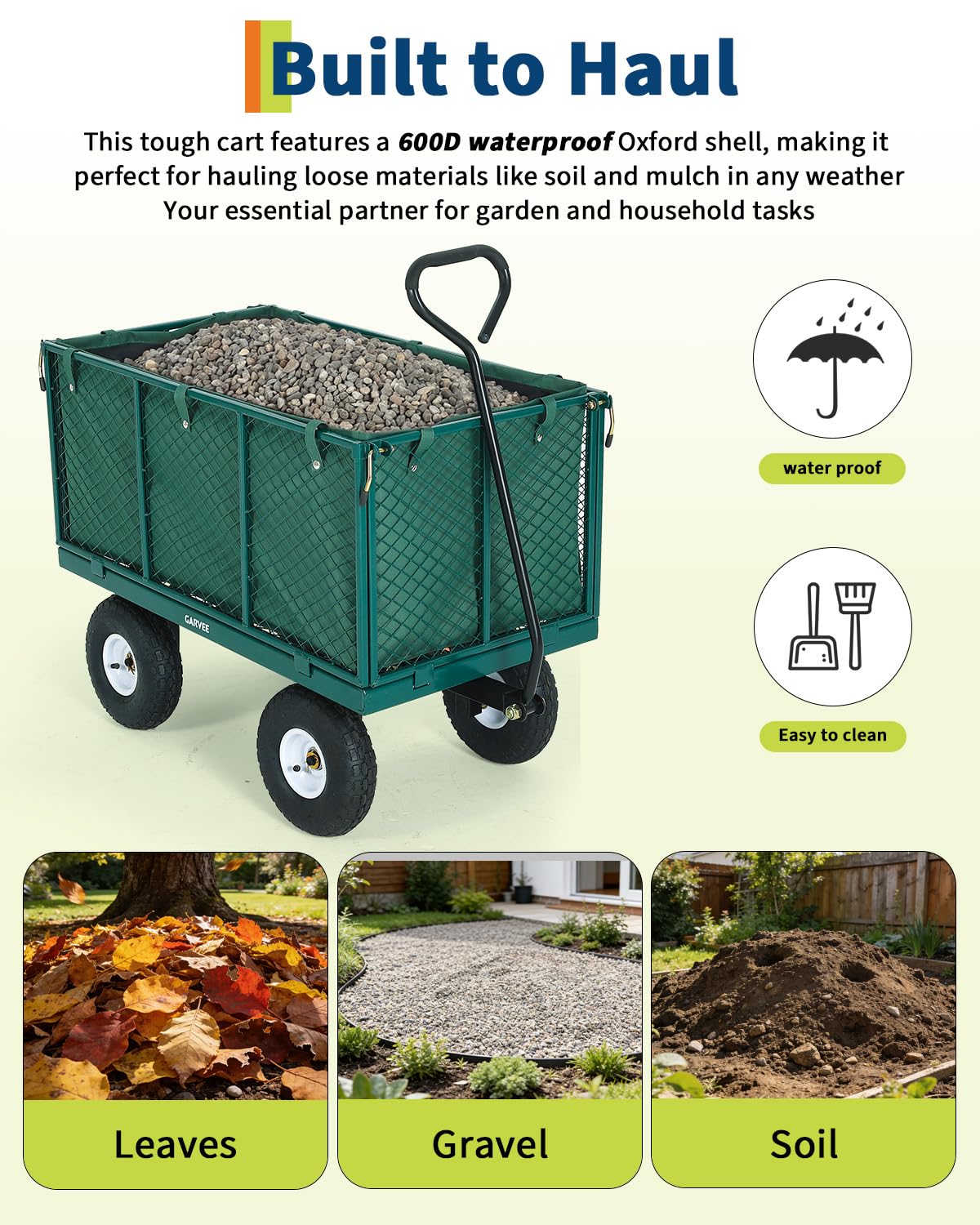Garvee Versatile Outdoor Utility Cart-800LBS Heavy-Duty, 10" All-Terrain Pneumatic Tires, Easy Maneuverable Lawn Cart with Removable Mesh Panels for Gardening&Landscaping, Green, with Waterproof Liner