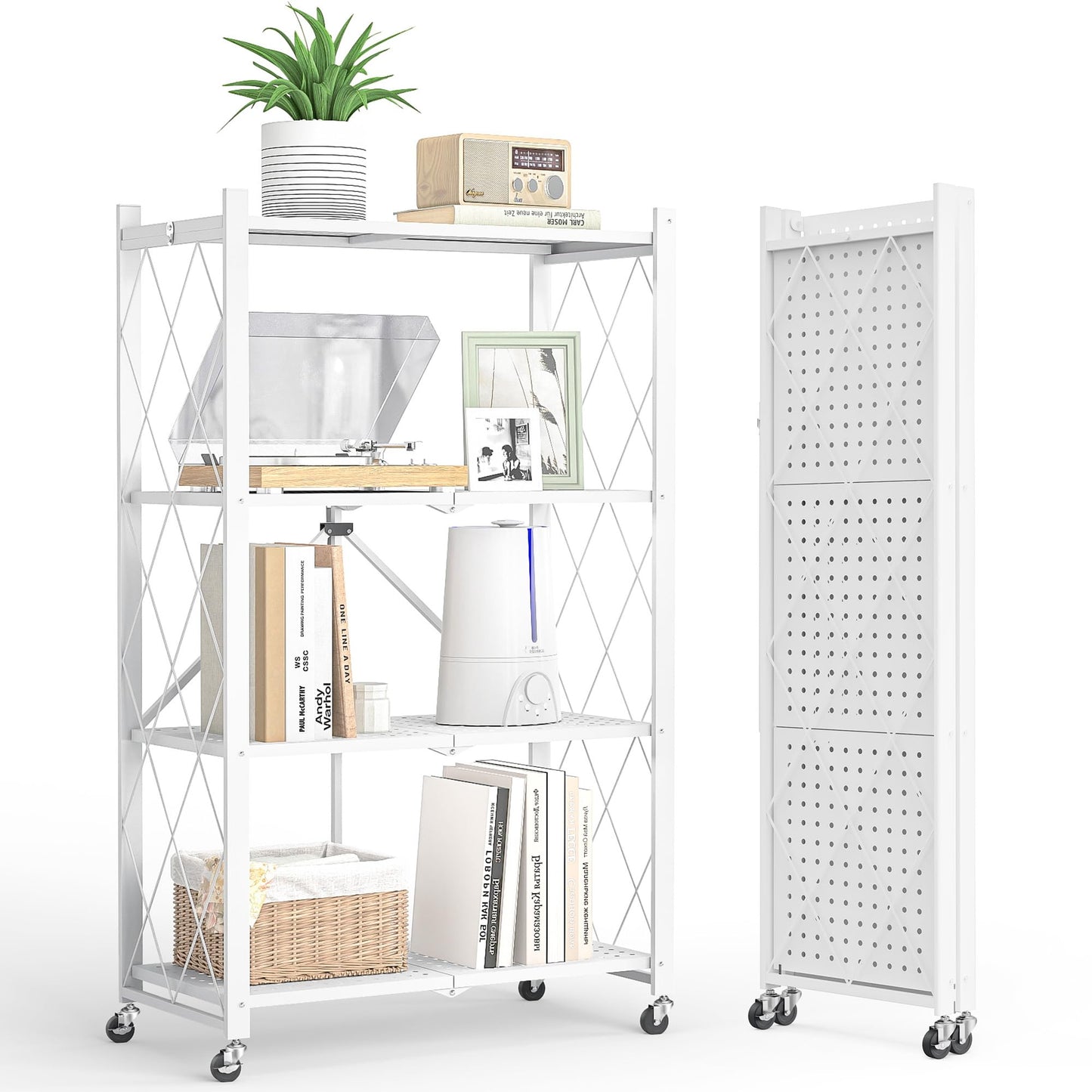 4 Tier Shelf Foldable Storage Shelf w/360° Movement Wheels, No Assemble Shelving Storage, Heavy Duty Folding Shelves, Garage Shelf Storage Organizer for Laundry, Kitchen, Utility Room(White, 4Tier)