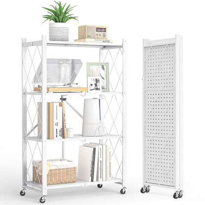 4 Tier Shelf Foldable Storage Shelf w/360° Movement Wheels, No Assemble Shelving Storage, Heavy Duty Folding Shelves, Garage Shelf Storage Organizer for Laundry, Kitchen, Utility Room(White, 4Tier)