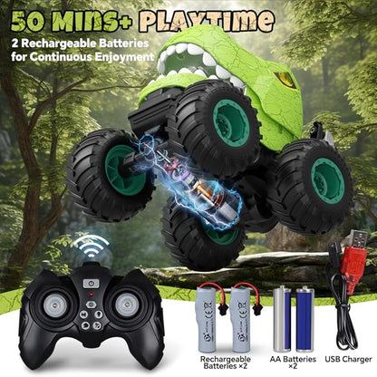 Dinosaur Remote Control Car for Kids Ages 3-5 6-12 Remote Control Monster Truck with Spray Light 360° Rolling&amp90° Driving All Terrain Dinosaur Toy for Boys Birthday Gift