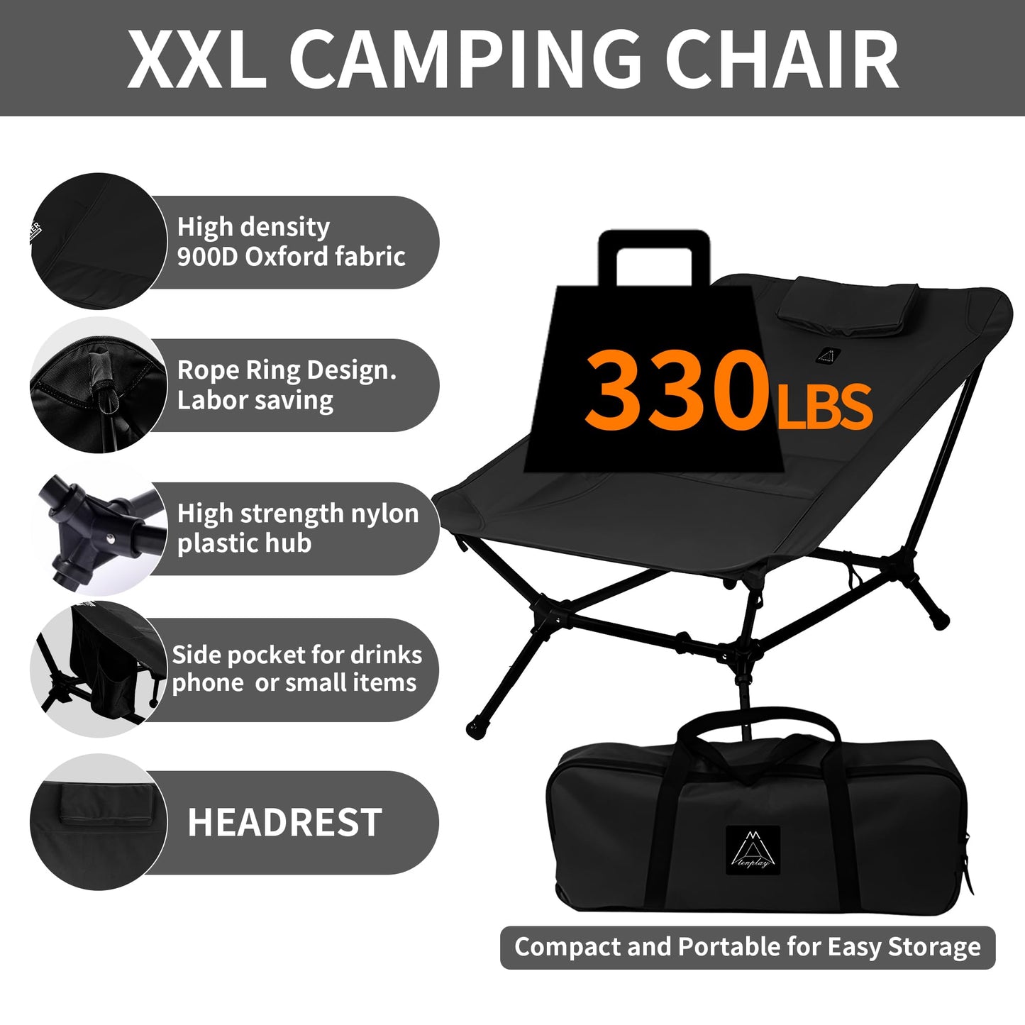 Reclining Chair, Lightweight Folding Camping Chair with Pillow, Backpacking with Carry Bag, 5-Way, Adjustable Height Chairs for Adults Heavy Duty 330lbs for Hiking, Fishing, Mountaineering Black