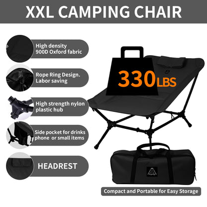 Reclining Chair, Lightweight Folding Camping Chair with Pillow, Backpacking with Carry Bag, 5-Way, Adjustable Height Chairs for Adults Heavy Duty 330lbs for Hiking, Fishing, Mountaineering Black