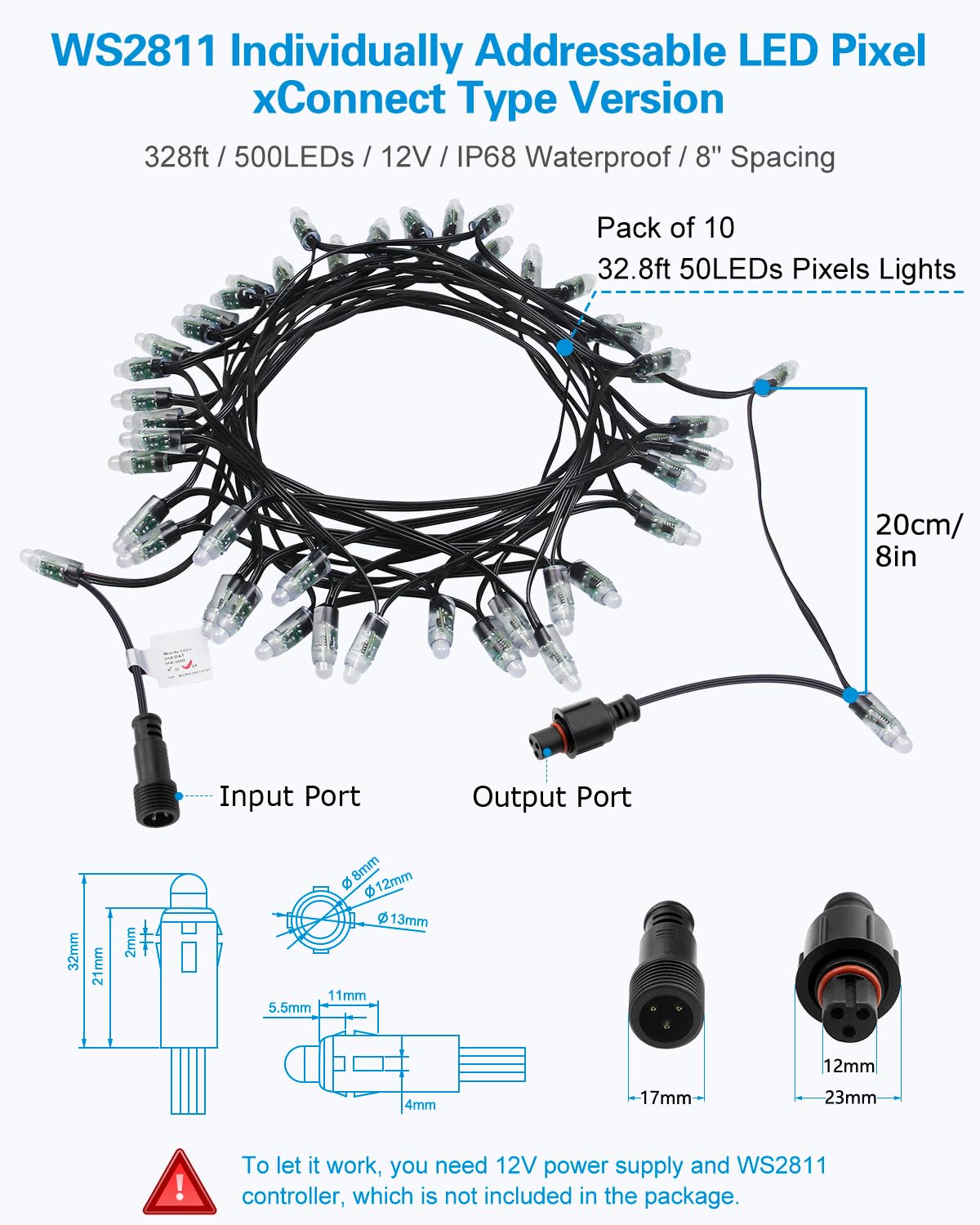 ALITOVE 12V WS2811 Pixel Lights xConnect Ends 328FT 500LEDs 12mm Diffused Digital Addressable RGB IC LED String Lights Programmable Outdoor Halloween Christmas Lights Waterproof IP68(8inch Spacing)