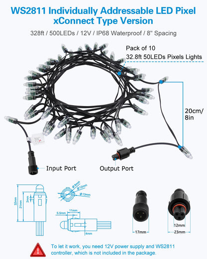 ALITOVE 12V WS2811 Pixel Lights xConnect Ends 328FT 500LEDs 12mm Diffused Digital Addressable RGB IC LED String Lights Programmable Outdoor Halloween Christmas Lights Waterproof IP68(8inch Spacing)