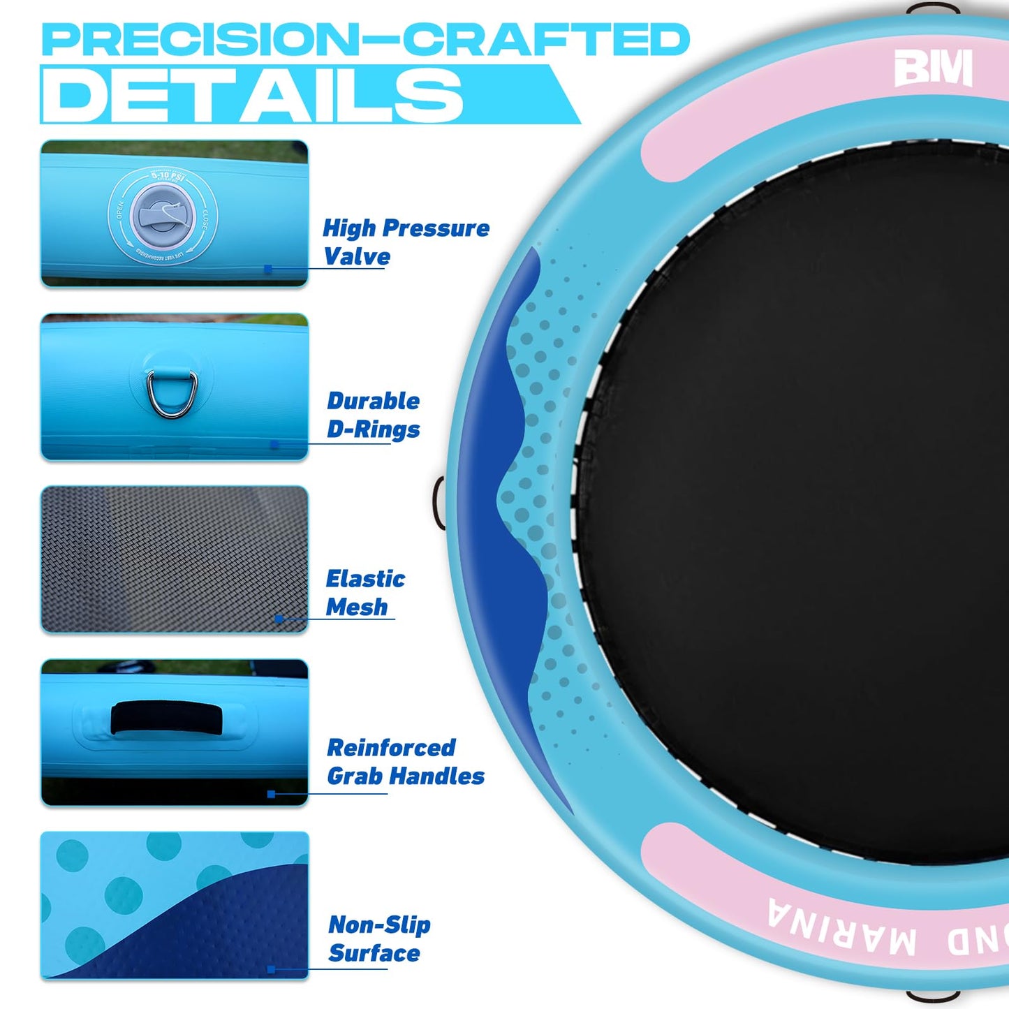 BEYOND MARINA Inflatable Water Hammock Floating Air Dock River Float with Mesh Heavy Duty Round Ring Raft for Pool Lake Ocean Portable Island Platform Pad 8'*6'*6"
