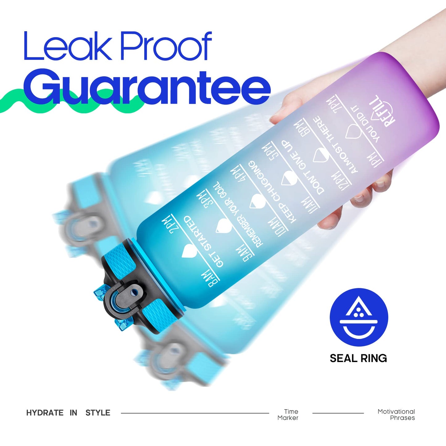 Giotto 32oz Large Leakproof BPA Free Drinking Water Bottle with Time Marker & Straw to Ensure You Drink Enough Water Throughout The Day for Fitness and Outdoor Enthusiasts-Ombre Green Purple