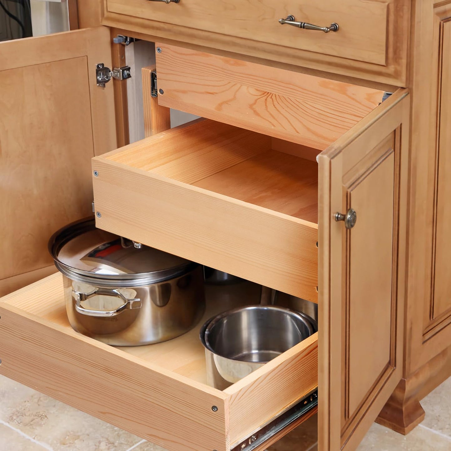 Mulush Pull Out Drawers For Cabinets, 26''W×21''D×19''H Soft Close Slide Out Wood Shelves Storage Organizer for Kitchen, 3-Tier, Finished, Heavy-Duty, Bottom Assembly