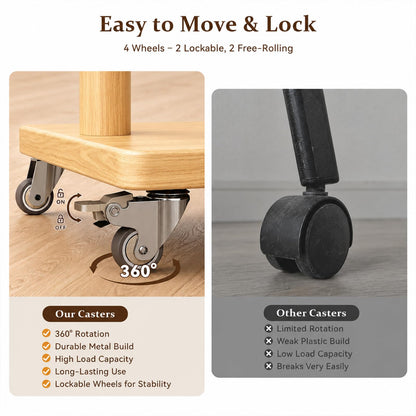 Solid Wood Coat Rack Freestanding Clothing Rack with Wheels & 2 Shelves Storage & 5 Hooks Heavy Duty Clothes Rack Wood Coat Tree Stand Hat Hanger Rack for Corner Bedroom Entryway Living Room Hotel