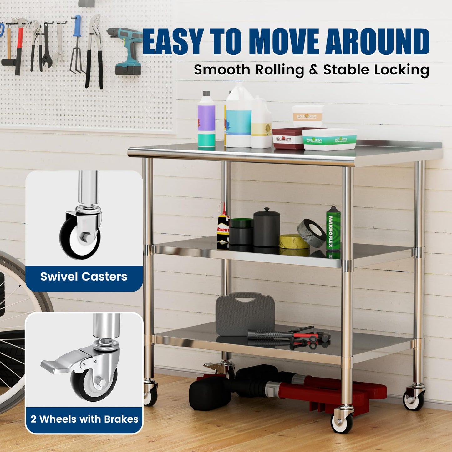 Chingoo Stainless Steel Work Table with Wheels, 24x48 Inch NSF Food Prep Table with Backsplash & 2 Adjustable Undershelves for Commercial Kitchen, Restaurant, Garage