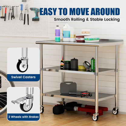 Chingoo Stainless Steel Work Table with Wheels, 24x48 Inch NSF Food Prep Table with Backsplash & 2 Adjustable Undershelves for Commercial Kitchen, Restaurant, Garage