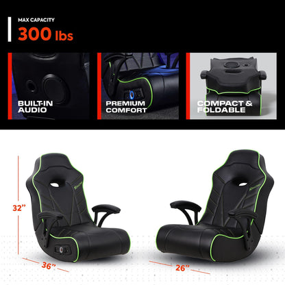 X Rocker Limewire Video Gaming Floor Chair with Armrests, Built-In Audio via Wireless Bluetooth, Foldable, Vegan Leather, 300 lbs Max, Amazon Exclusive, Black with Green