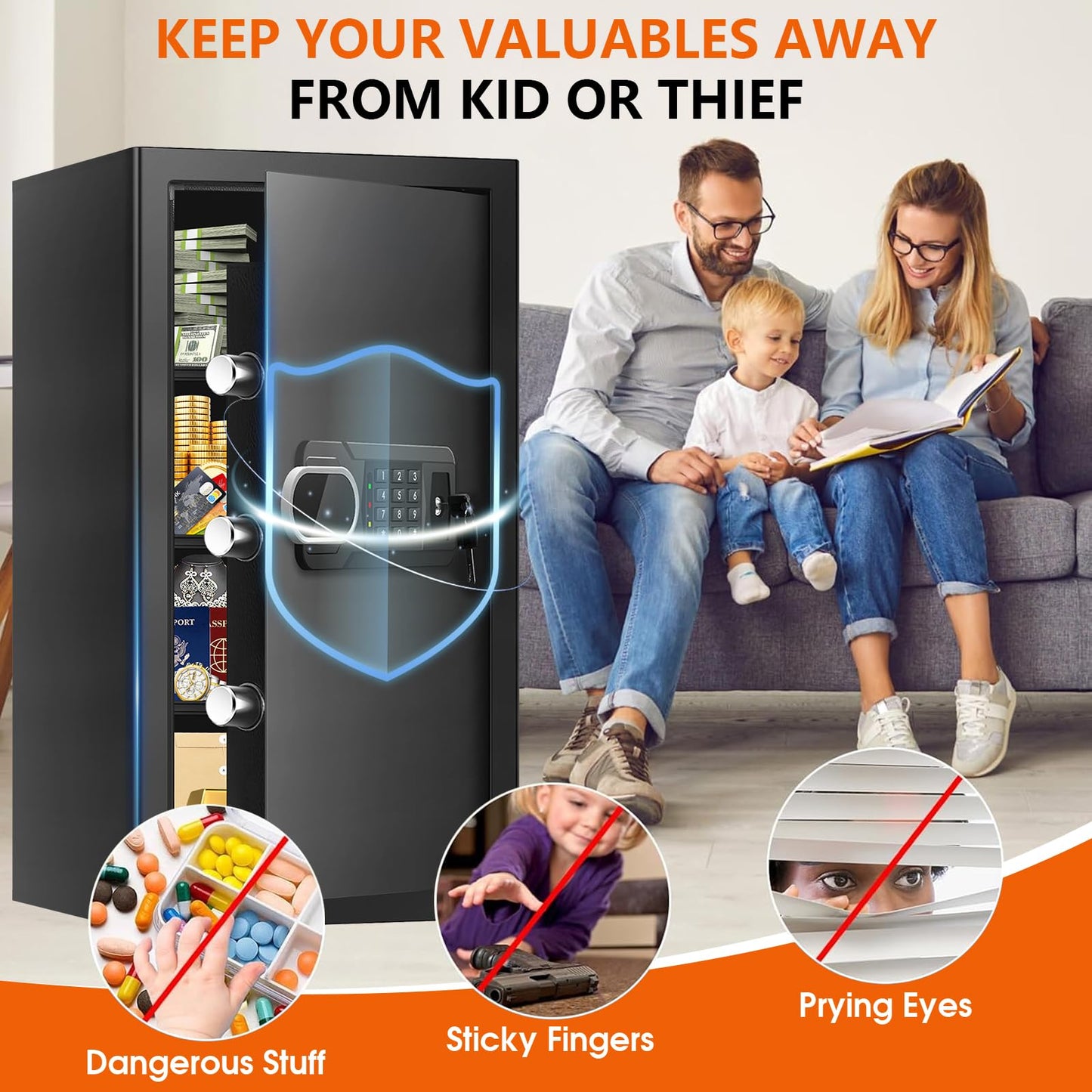 6.1 Cuft Heavy Duty Fire Security Home Safe Box, Large Floor Safe with Digital Keypad & Key Lock, Fire Proof Safes for Home with Three Removable Shelf, Anti-theft Fire Safes for Money, Cash, Documents