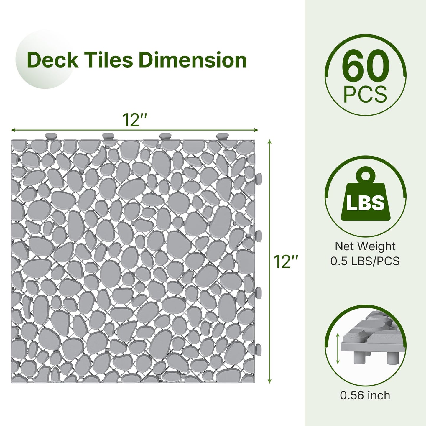 Rovibek 60PCS Plastic Interlocking Deck Tiles, 12"x12" Pebble Deck Tiles, Patio Flooring Outdoor Waterproof, Non-Slip, Indoor & Outdoor Use for Balcony Balcony Bathroom Backyard, Gray