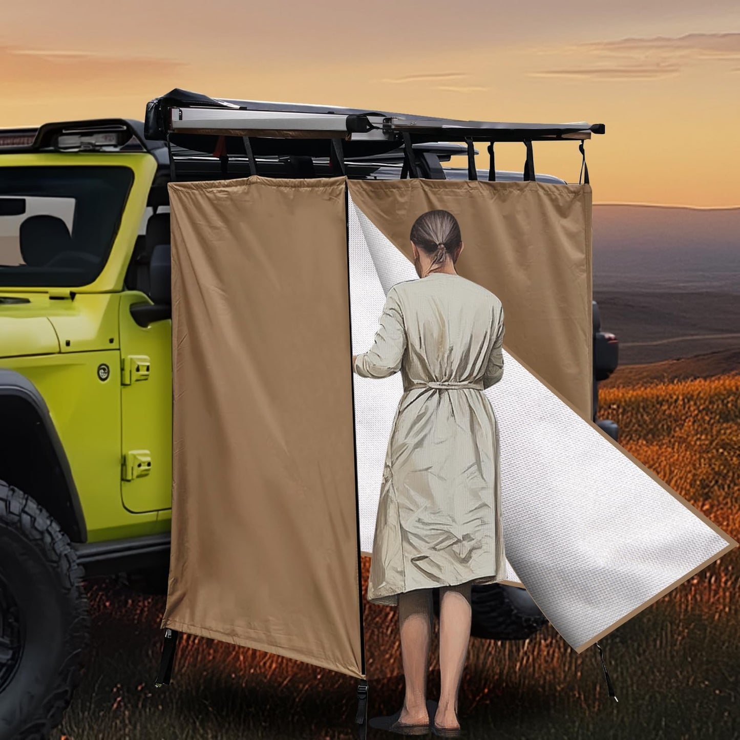 Awning Shower Tent Car Outdoor Portable Camping Shower Tent Car Side Shower Room Privacy Shelter Restroom Vehicle Side Shower Bathroom for RV, Van, Truck, Waterproof, ‎Light Brown