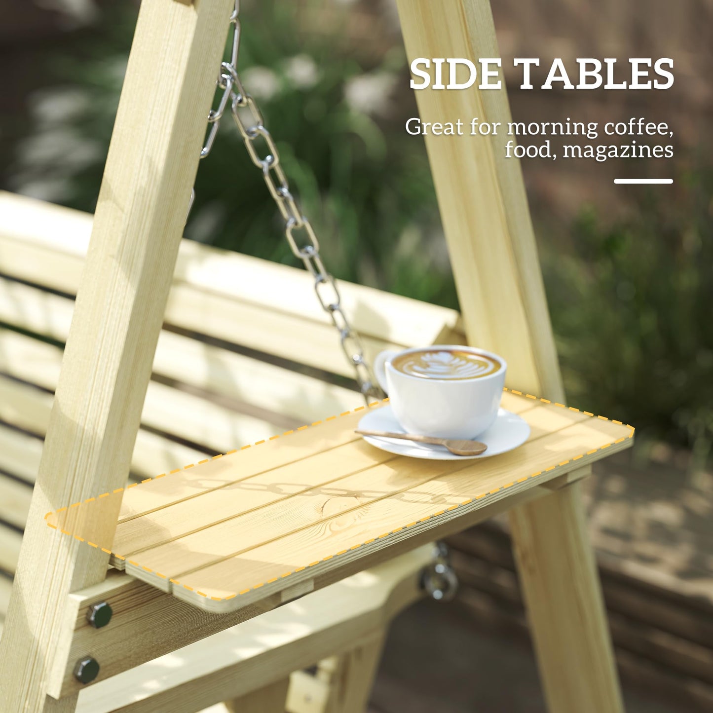 Outsunny 3 Seat Porch Swing with Stand, Wooden Patio Swing Chair with Side Tables and Metal Chains, Outdoor Swing Bench for Garden, Poolside, Backyard, Natural Wood