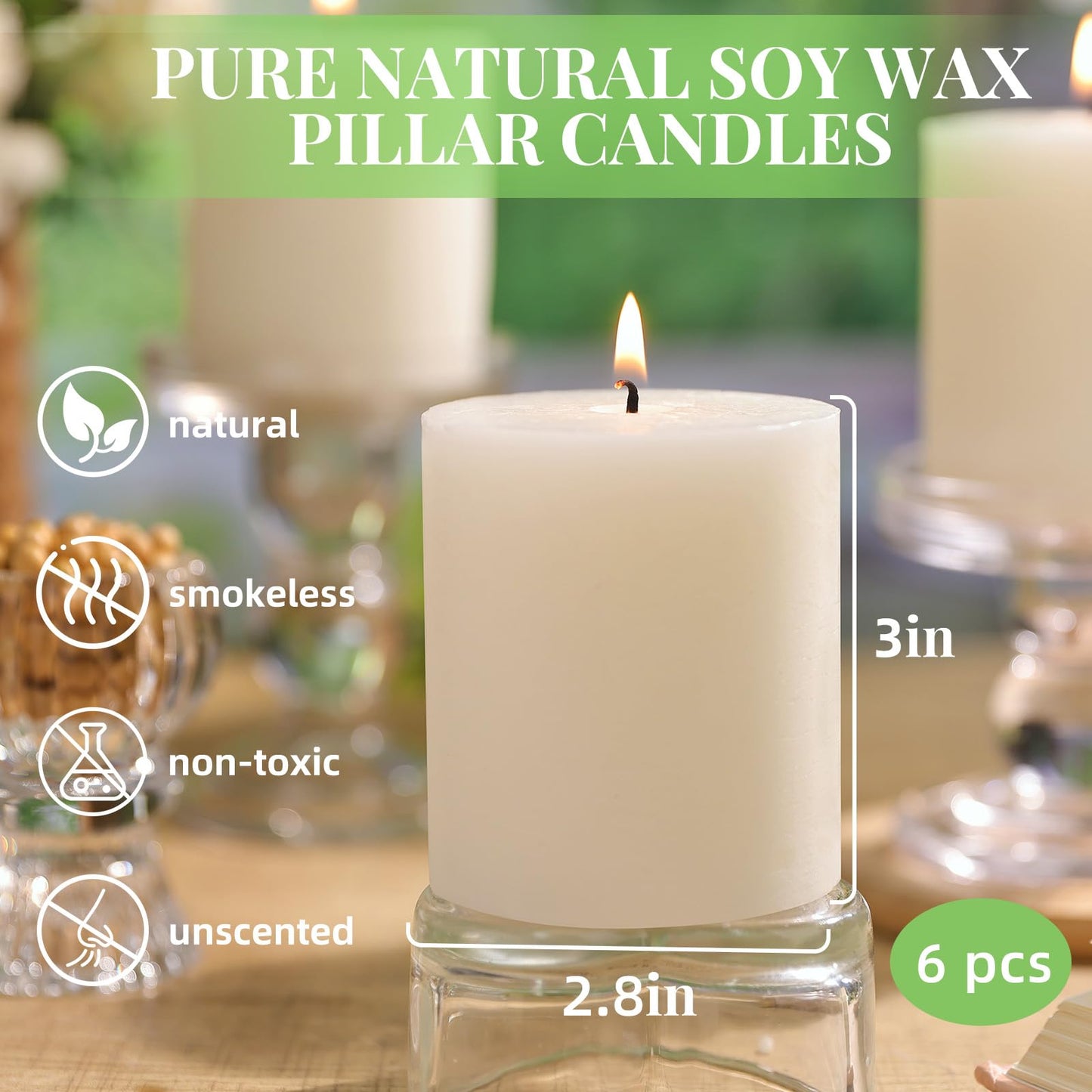 Ivory Rustic Textured Soy Pillar Candles, 2.8x3 in Natural Unscented Soy Wax Candles, 180 H Burn Time, Non-Toxic, 6 Pack Smokeless Dripless Hand-Poured Pillar Candle for Dinner, Wedding, Home
