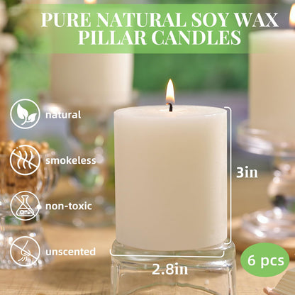 Ivory Rustic Textured Soy Pillar Candles, 2.8x3 in Natural Unscented Soy Wax Candles, 180 H Burn Time, Non-Toxic, 6 Pack Smokeless Dripless Hand-Poured Pillar Candle for Dinner, Wedding, Home