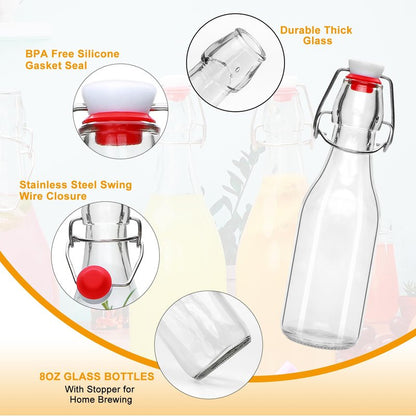 8oz Swing Top Glass Bottles - 12 Pack Flip Top Glass Bottle with Airtight Lid for Home Brewing, Fermentation, Beer, Vanilla Extract, Limoncelle, Kombucha, Kefir, Soda, Bonus Gaskets and Pourers