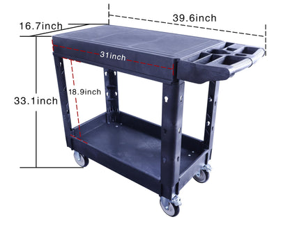 HIGOOD Heavy Duty Plastic Utility Cart, 39.57 x 16.73 in, Flat Top, 2 Swivel Wheels, 500 lbs Capacity, Black