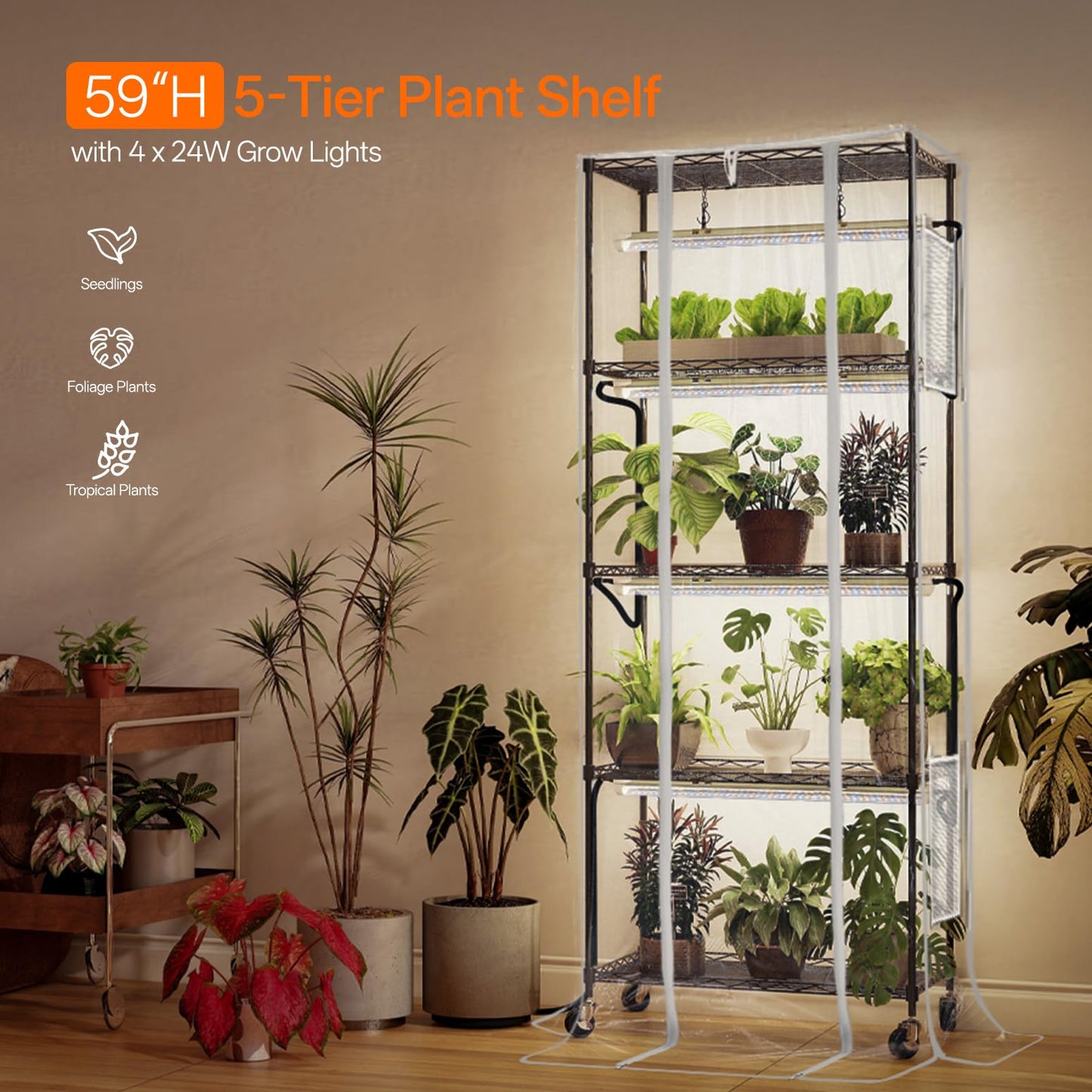 Bstrip Indoor Greenhouse with Grow Light, 5 Tier 23.5"x13.8"x59" Mini Greenhouse with 4 Pack 24W Full Spectrum Plant Lights & Timer, Plant Shelf with Cover for Indoor Plant, Seed Starting, Seed Tray
