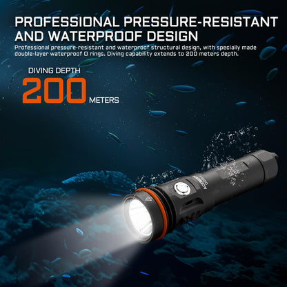 ACEBEAM D20 2200 High Lumens Dive Light Rechargeable, 200 Meters Underwater Depth Scuba Diving Flashlight, 500 Meters Beam Distance Diving Light, 3 Mode Scuba Dive Safety Light for Diving, Searching