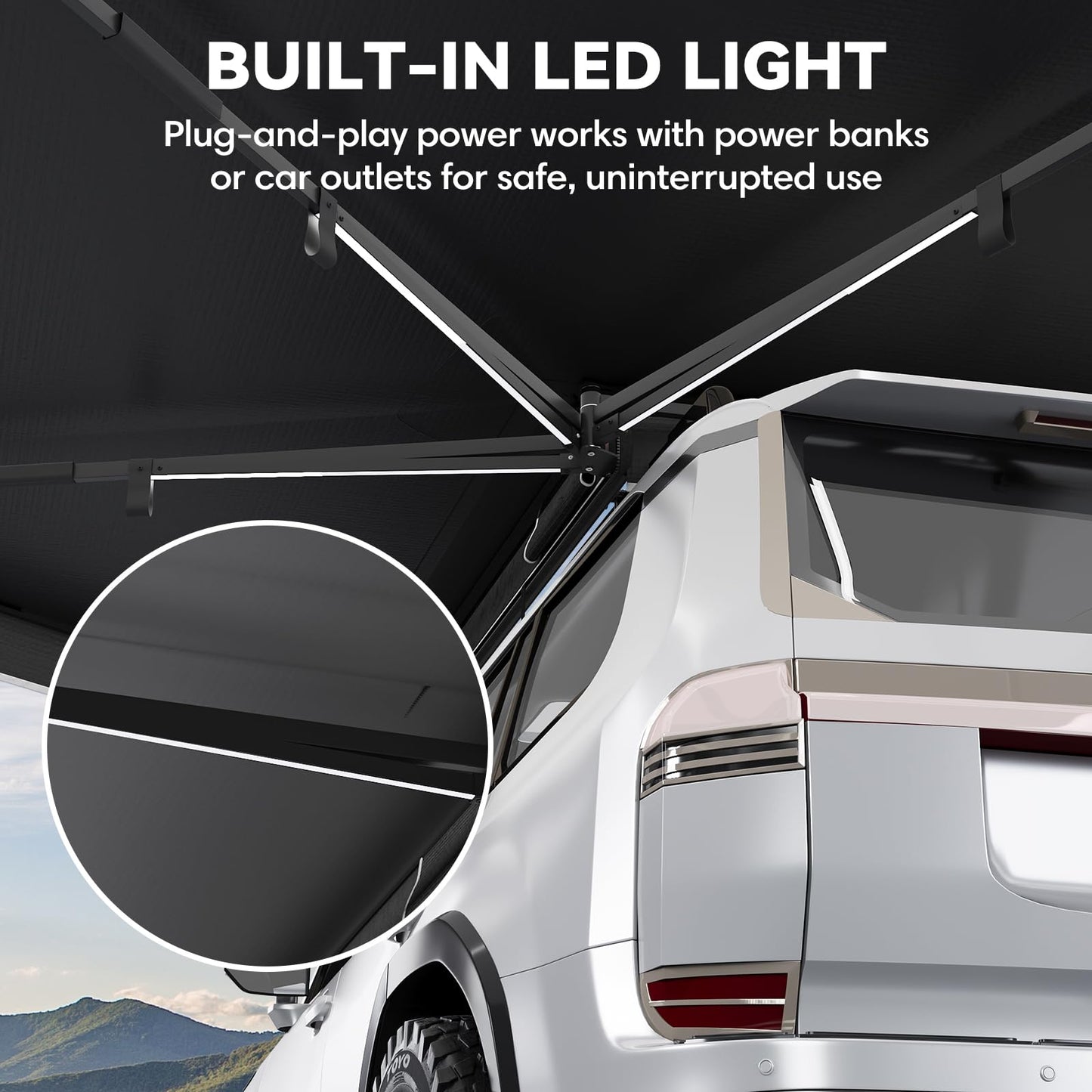 EROMMY 270 Degree Car Side Awning with Built-in LED Light, Fan-Shaped Wide Coverage for SUV, Van, Camper and Truck, Waterproof Overland Camping Shelter