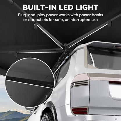 EROMMY 270 Degree Car Side Awning with Built-in LED Light, Fan-Shaped Wide Coverage for SUV, Van, Camper and Truck, Waterproof Overland Camping Shelter