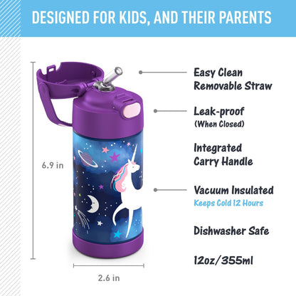 THERMOS FUNTAINER Water Bottle - 12 Ounce Kids Stainless Steel Vacuum Insulated | Space Unicorn Design