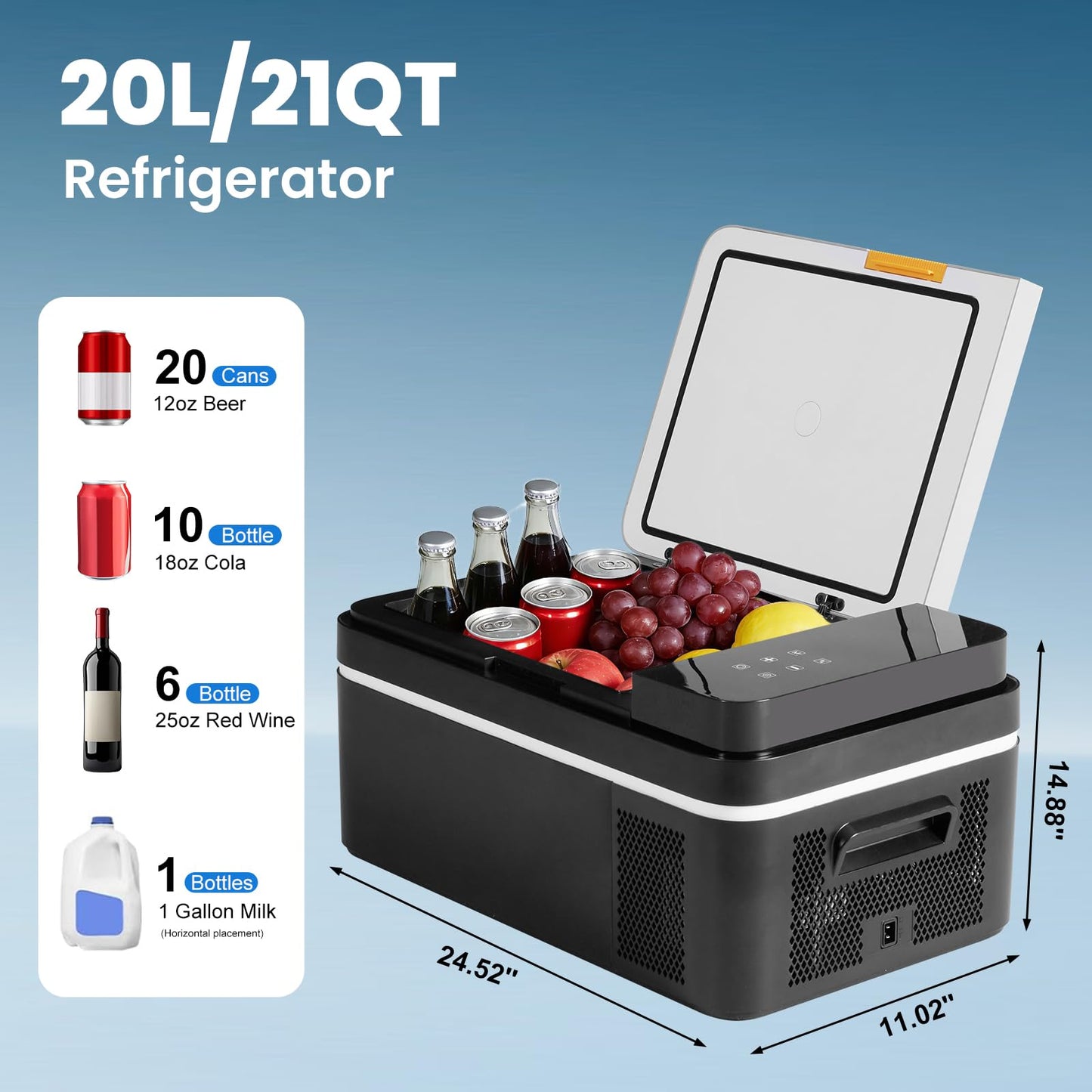 OLIXIS Portable Car Refrigerator, 21QT Single-Zone Electric Cooler for Vehicles, -4℉-68℉ Freezer Smart Control via Bluetooth with Car Battery Protection, Child Lock, 12/24V DC & 100-240V AC Powered