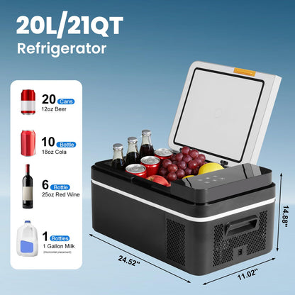 OLIXIS Portable Car Refrigerator, 21QT Single-Zone Electric Cooler for Vehicles, -4℉-68℉ Freezer Smart Control via Bluetooth with Car Battery Protection, Child Lock, 12/24V DC & 100-240V AC Powered
