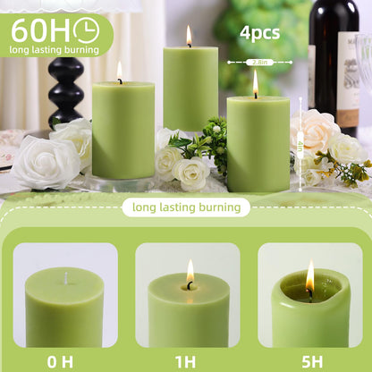 4 Pack Sage & White Tea Scented Pillar Candles-2.8x4 Inch Sage Green Soy Wax Candles-240 Hour Long Lasting Burning,Spring Aromatherapy, Non-Toxic & Smokeless for Home Decor, Dinner,Stress Relief&Gift