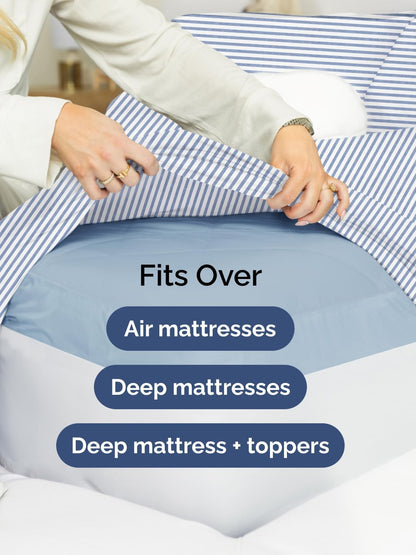 Skiennix Extra Deep King Sheet Set - 6-Piece Breathable Cooling Bedding - Soft, Wrinkle-Free Blue Stripes
