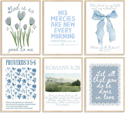 Skiennix Blue Christian Canvas Wall Art - Set of 6 Inspirational Bible Verse Prints for Girls' Room Decor