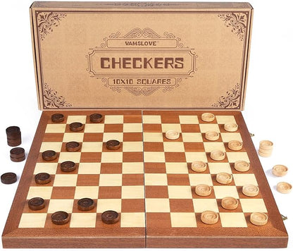 VAMSLOVE 15inch Checkers Folding Wooden Game Set 100 Square Checkerboard International Checkers Draughts Board 10x10 for Kids with Pieces Storage Slots (Instructions Included)